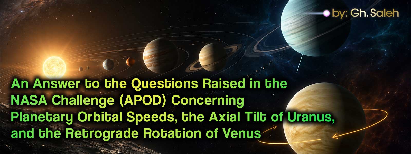 An Answer to the Questions Raised in the NASA Challenge (APOD) Concerning Planetary Orbital Speeds, the Axial Tilt of Uranus, and the Retrograde Rotation of Venus